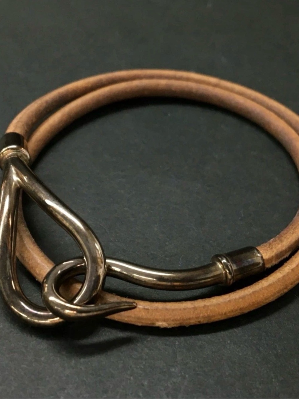 EGA HERMES Jumbo Double Wrap Leather Silver Tone Bracelet